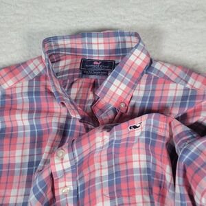 Vineyard Vines Tucker Shirt Mens Large Pink Blue Plaid Slim Fit Cotton Linen